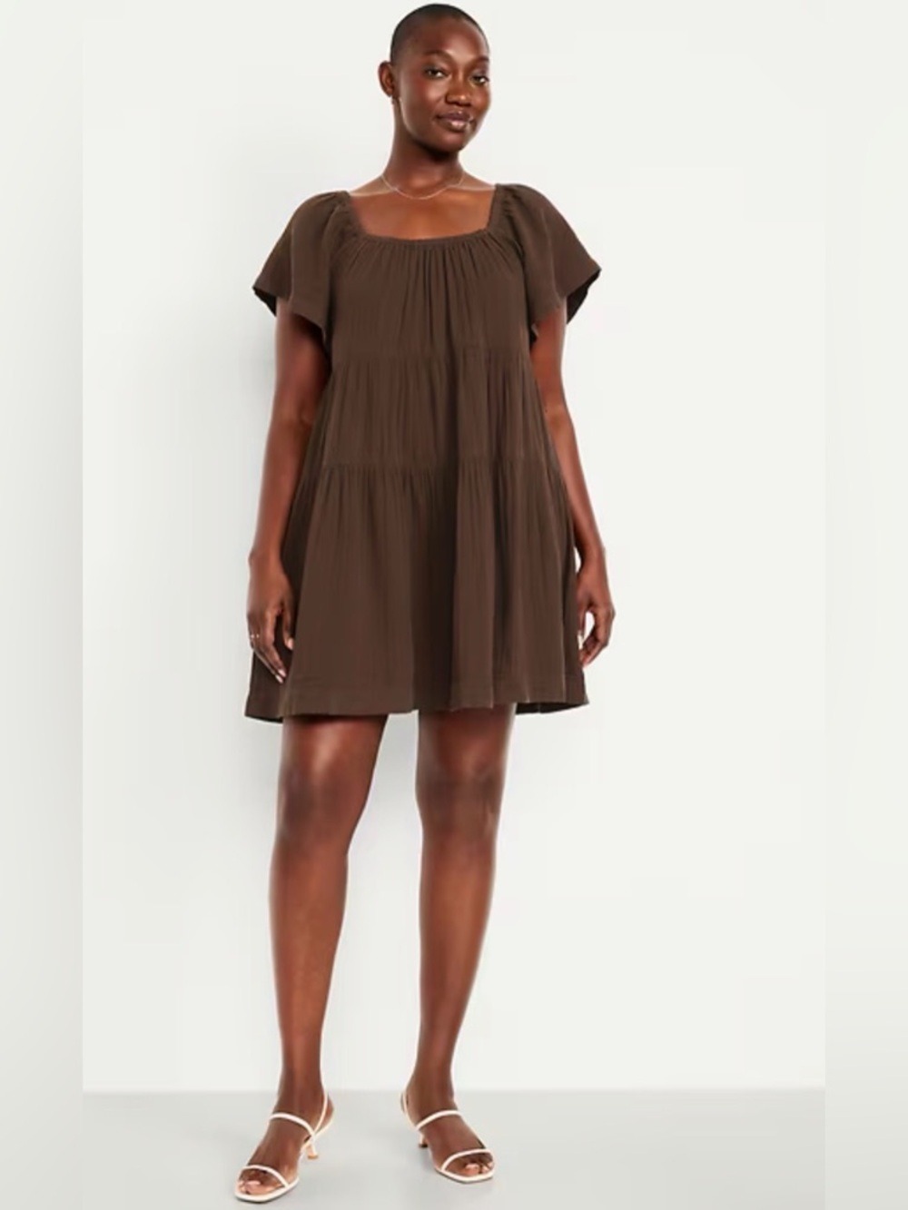 Old Navy Crinkle Gauze Tiered Swing Mini Dress M Tall Espresso Summer Vacation